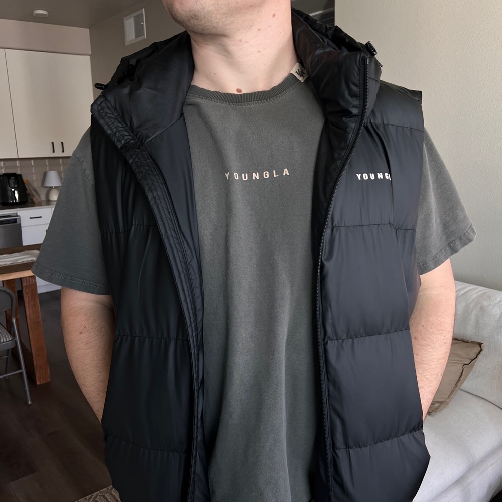 YoungLA Black Puffer Jacket with Hood and Water-Resistant Fabric